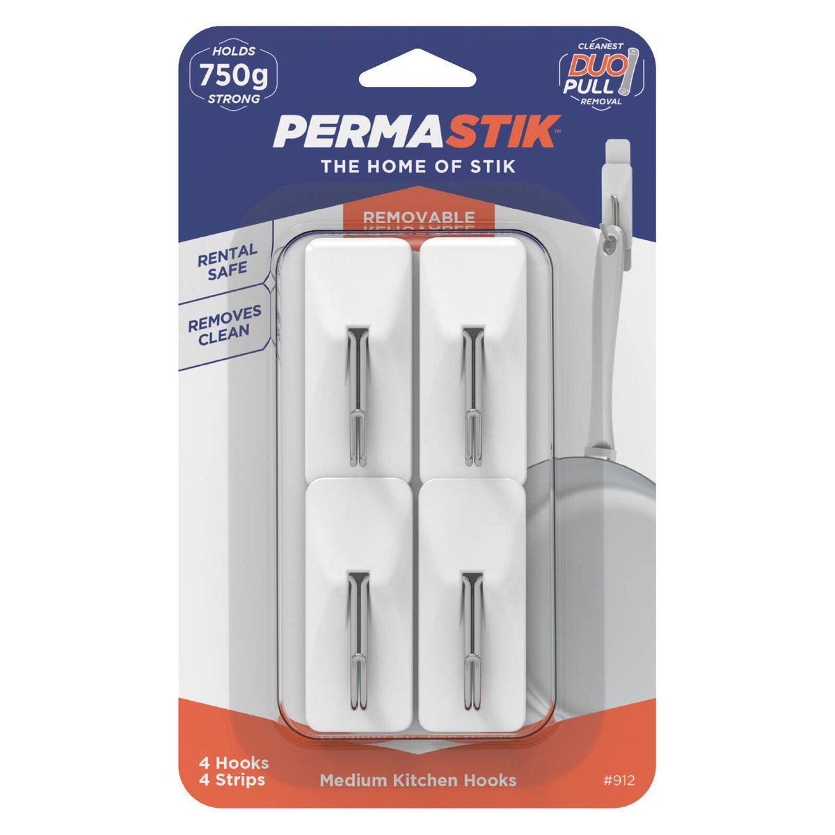 Permastik Medium Kitchen Hooks - 4 Pack - Plastic - Removable Adhesive