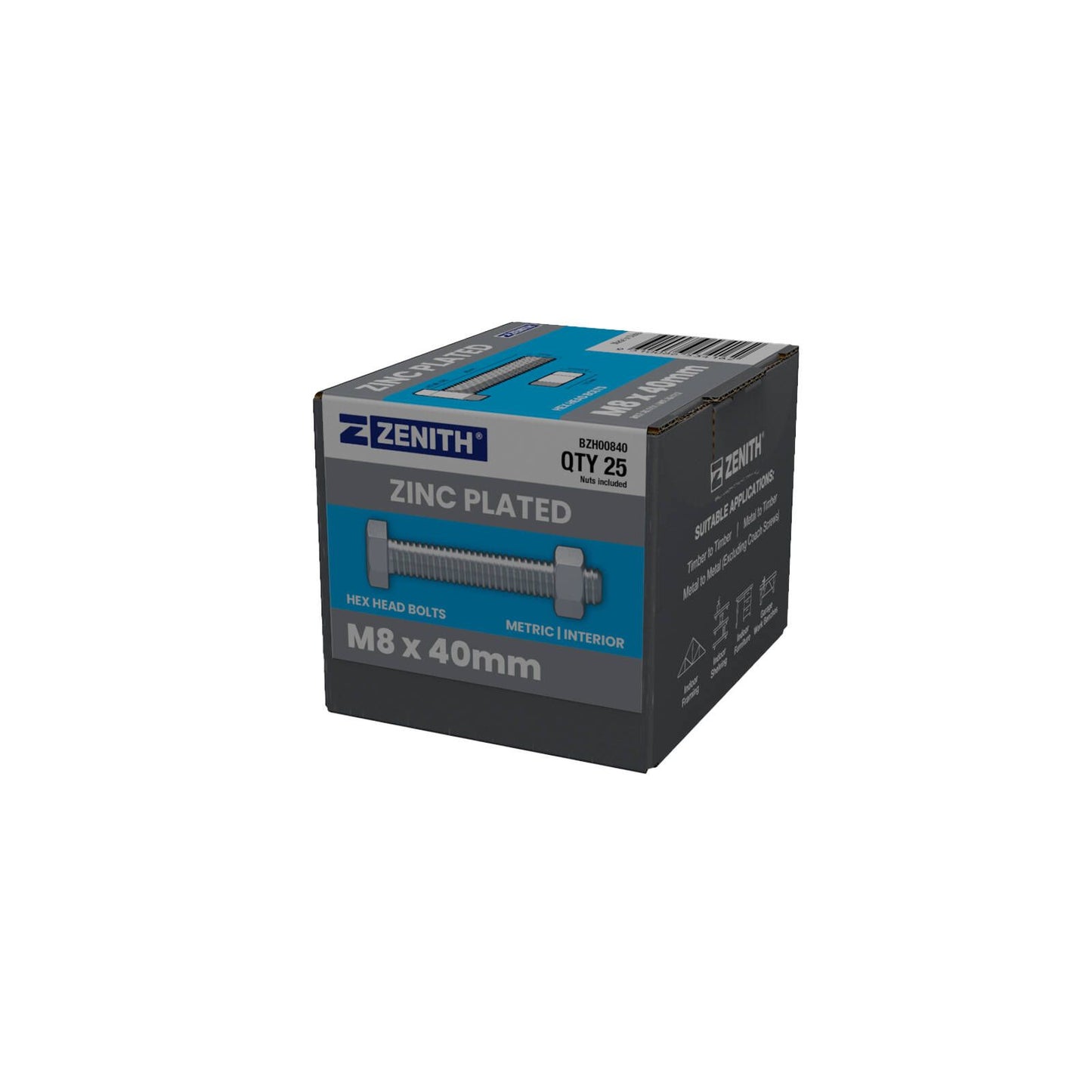 Zenith M8 x 40mm Zinc Plated Hex Head Bolts and Nuts - 25 Pack