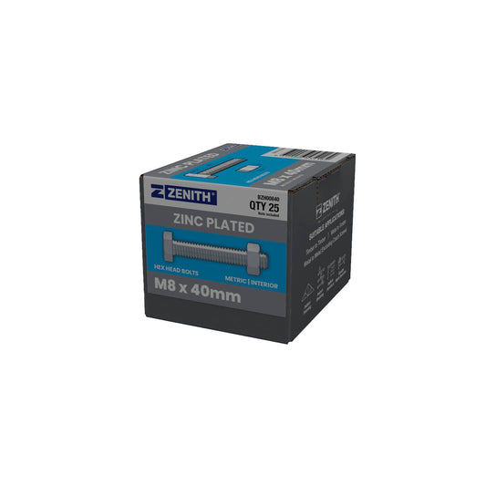 Zenith M8 x 40mm Zinc Plated Hex Head Bolts and Nuts - 25 Pack