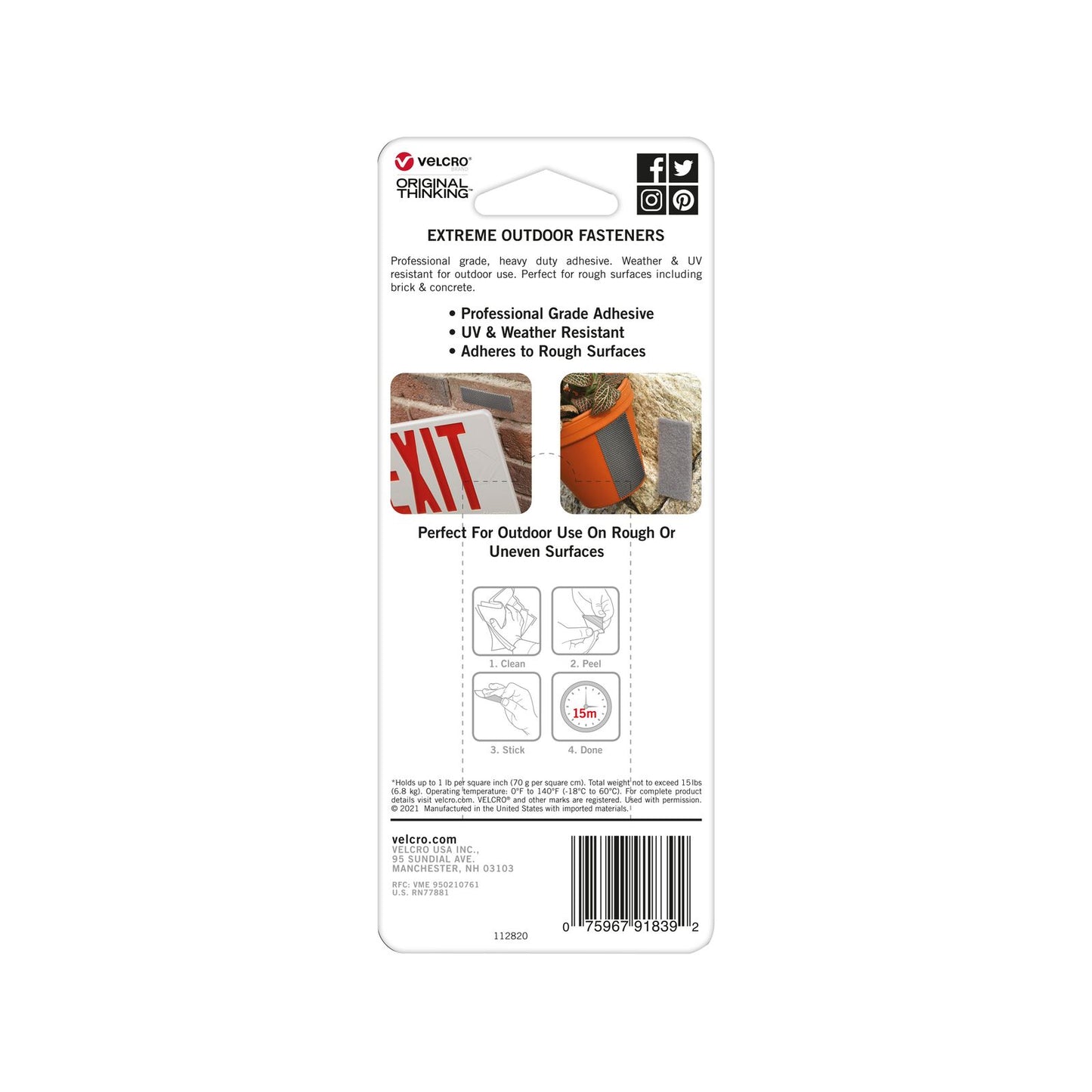 Velcro Brand Extreme Outdoor Strip - 50 x 100mm - 2 Pack - Black