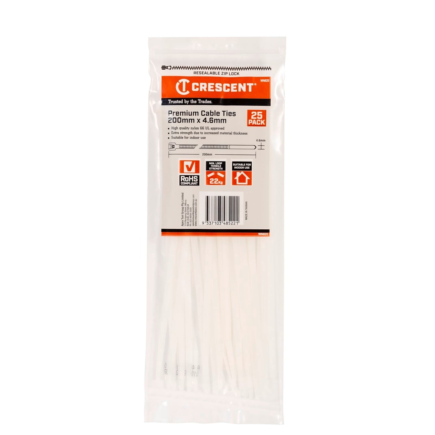 Crescent Cable Ties - 200 x 4.6mm - Natural - 25 Pack