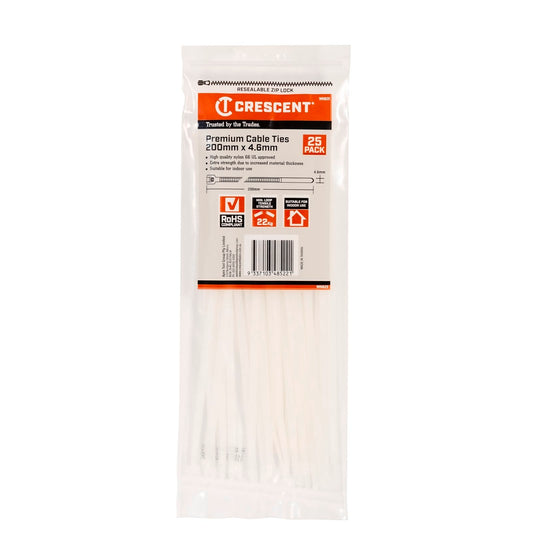 Crescent Cable Ties - 200 x 4.6mm - Natural - 25 Pack