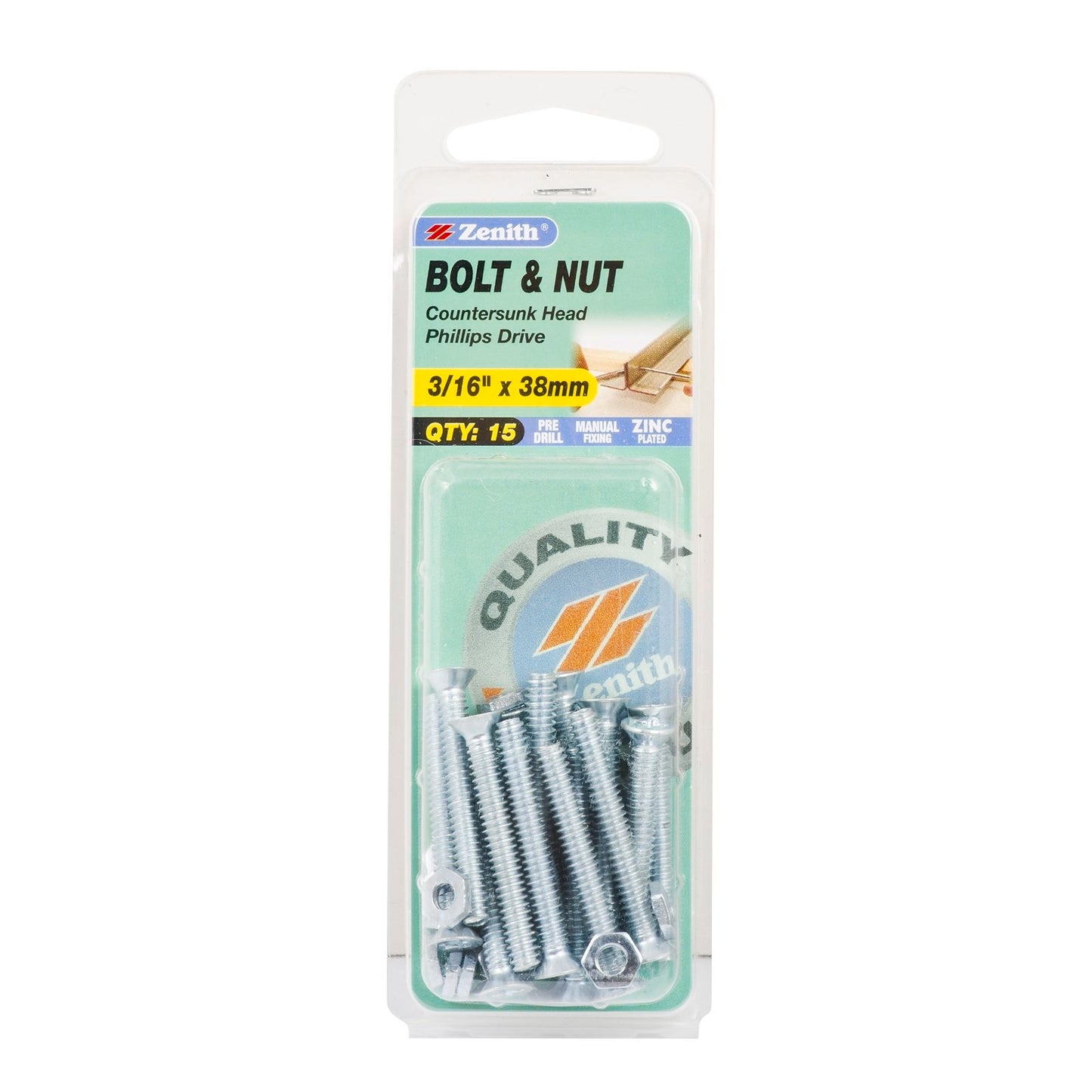 Zenith Countersunk Bolt & Nut - 3/16 x 38mm - 15 Pack