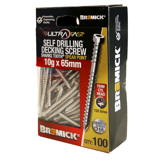 Bremick Ultrafast Trim Head Screws - 10g x 65mm - Stainless Steel 316 - 100 Pack