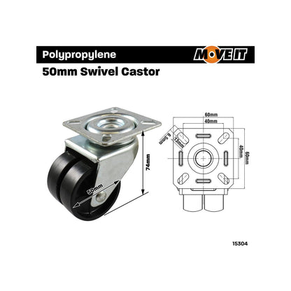 Move It Twin Wheel Castor - 50mm - Black Nylon - 70kg Load Rating