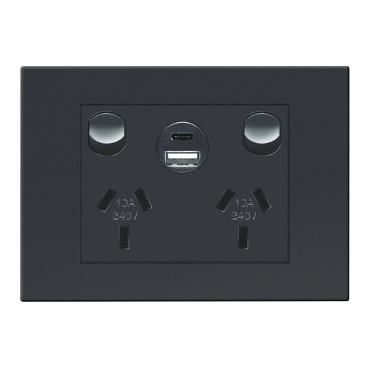 HPM Black Vivo Double Powerpoint - 2 Outlet - 15W USB