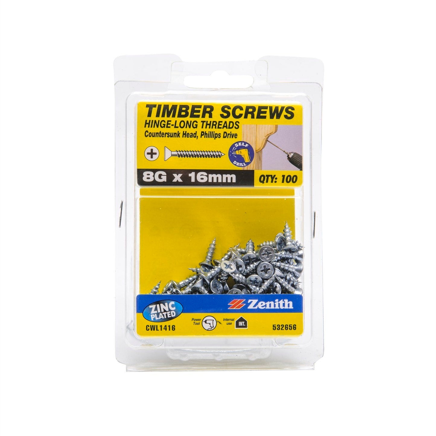 Zenith Hinge Long Thread Screws - 8g x 16mm - Zinc - 100 Pack