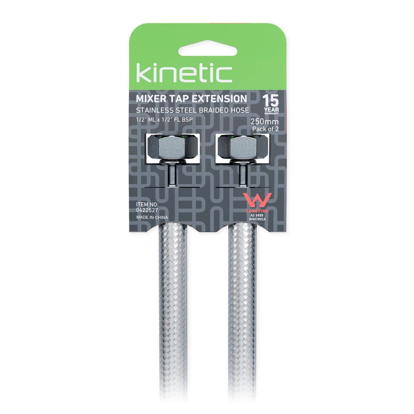 Kinetic 250mm Stainless Steel Flexible Braided Hose Mixer Tap Extension - 2 Pack