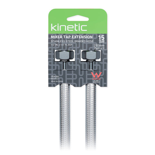 Kinetic 250mm Stainless Steel Flexible Braided Hose Mixer Tap Extension - 2 Pack