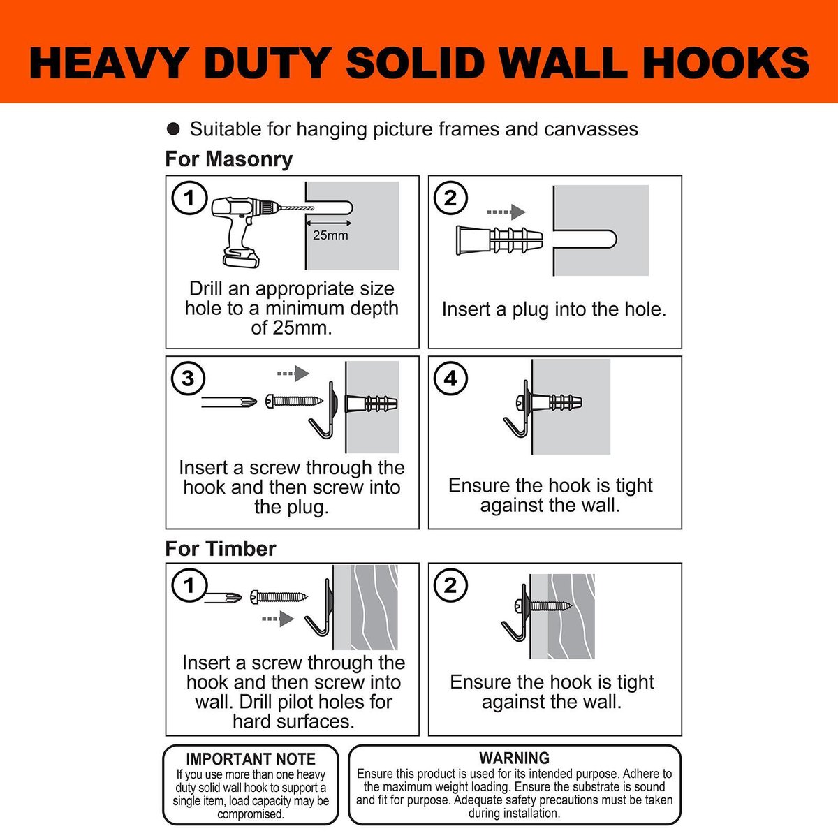 Everhang Picture Hanging Hook - 20kg - Steel - Heavy Duty - 12 Pack