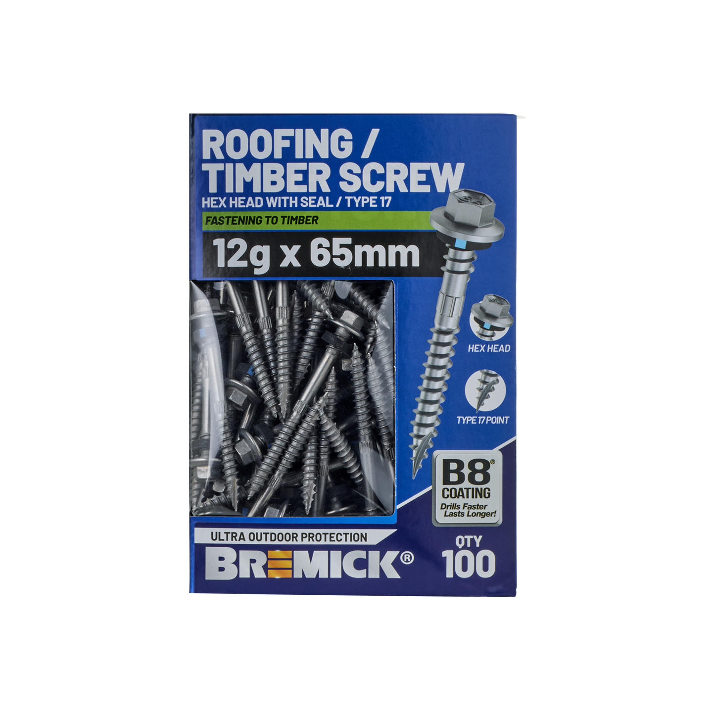 Bremick Hex Roofing Screw - 12g x 65mm - 100 Pack