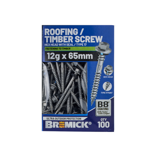 Bremick Hex Roofing Screw - 12g x 65mm - 100 Pack