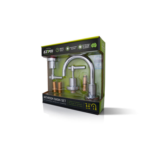 Ezyfix Chrome Modern Lever Bathroom Basin Tap Set Lead Free Easy DIY Install Kit