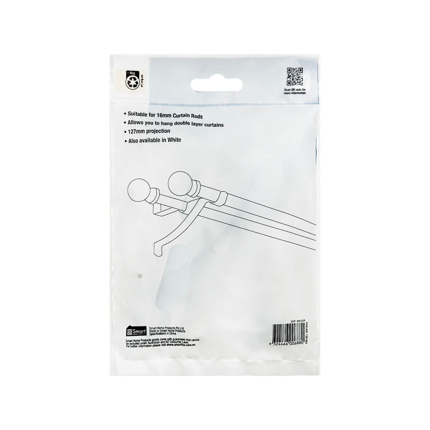 Windoware Curtain Rod Brackets - 127mm - Black - 2 Pack