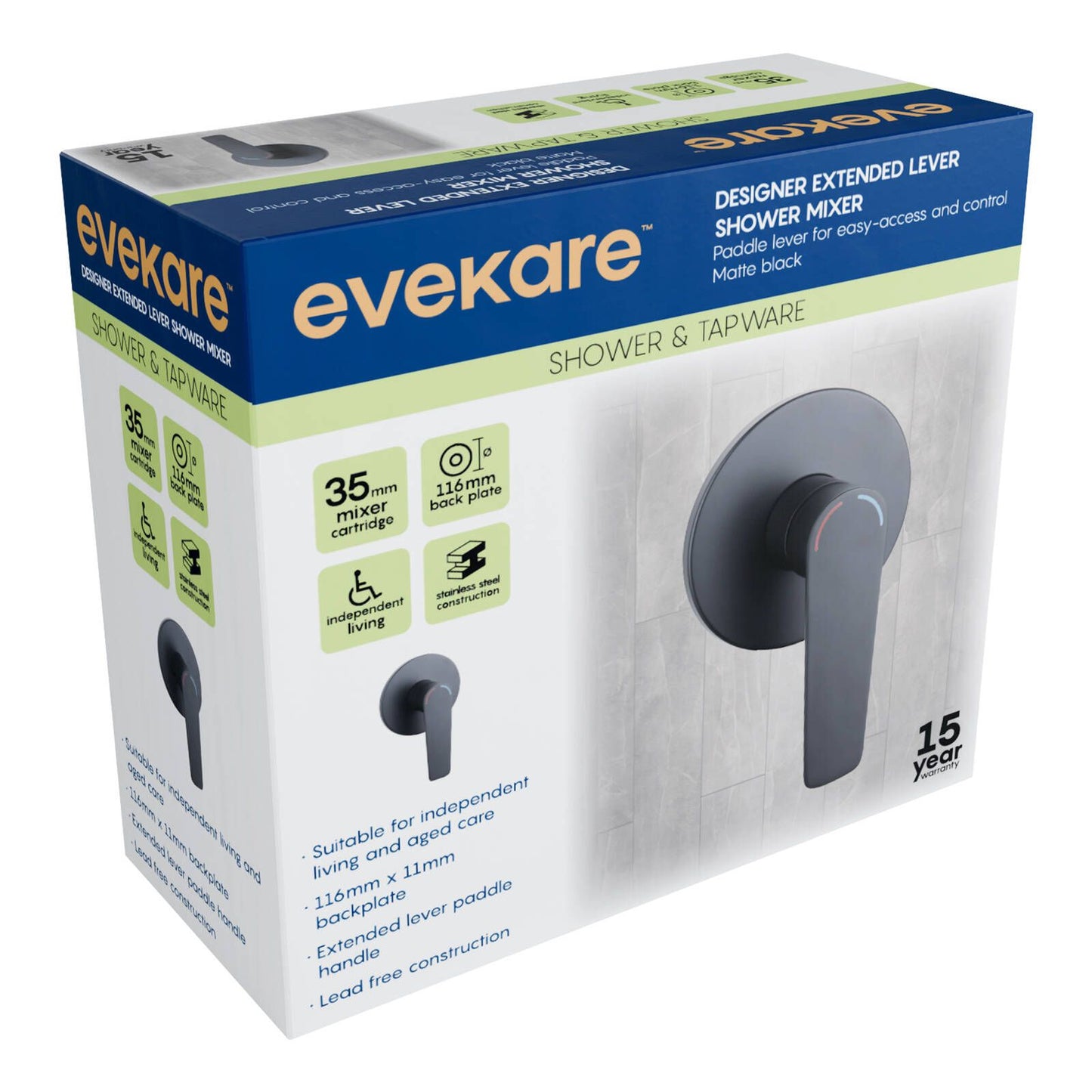 Evekare 35mm Matte Black Designer Extended Side Lever Shower Mixer