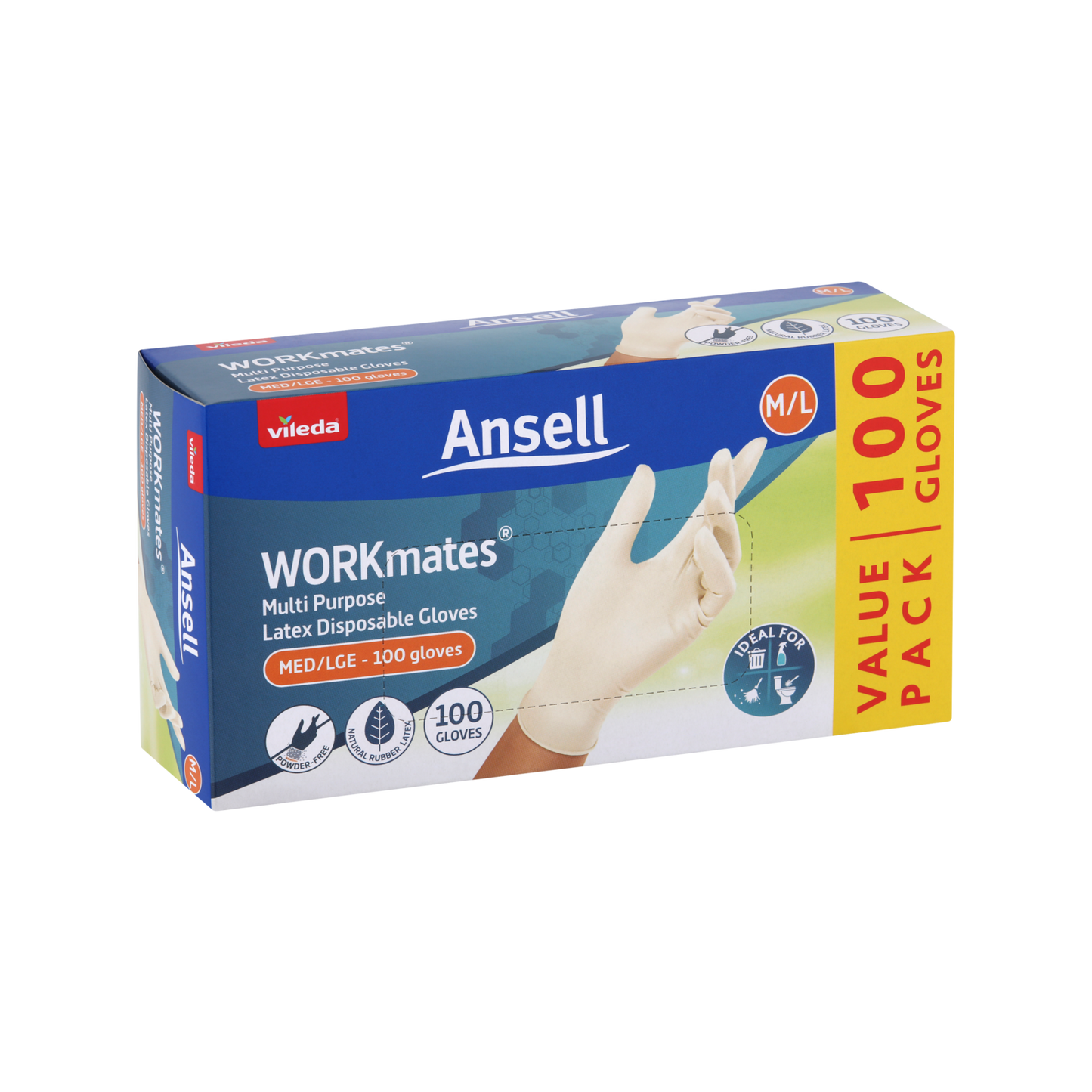 Vileda Ansell Workmates Multi Purpose Latex Medium Large Disposable Gloves - 100 Pack