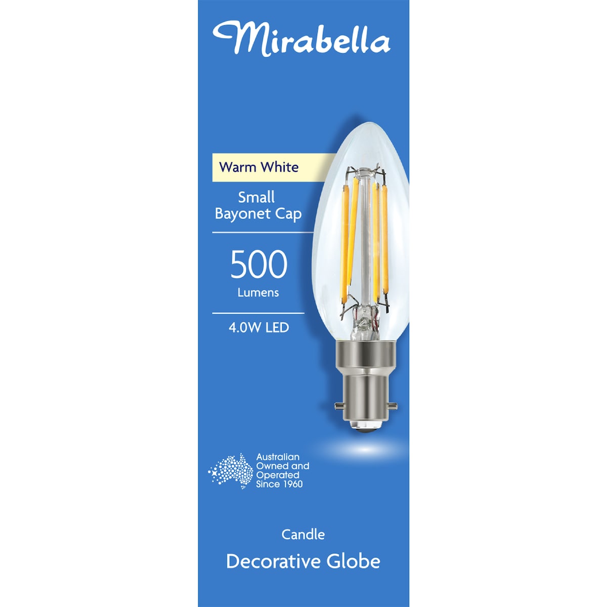 Mirabella Led Candle Filament Sbc 4.0w 500lm Warm White Each