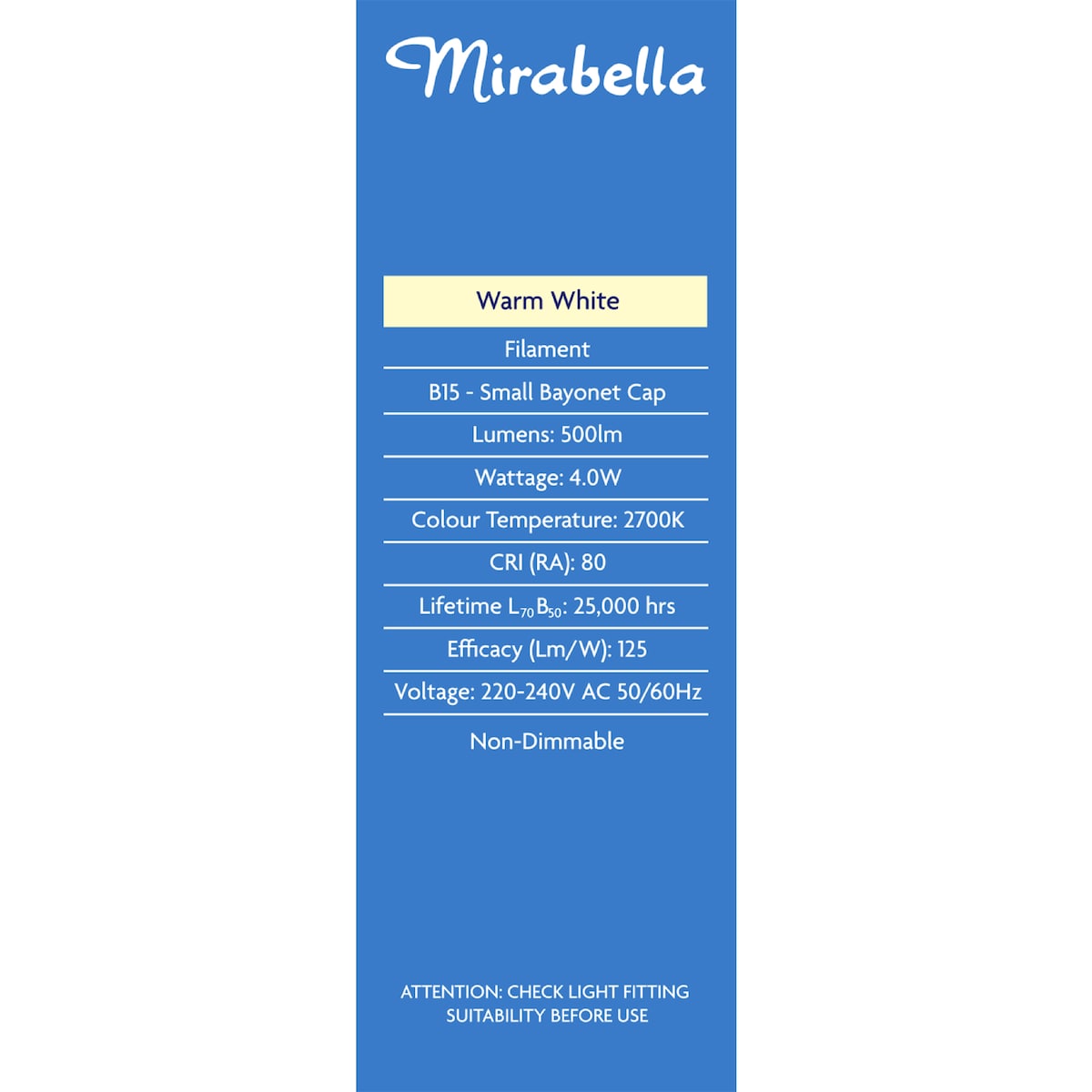 Mirabella Led Candle Filament Sbc 4.0w 500lm Warm White Each