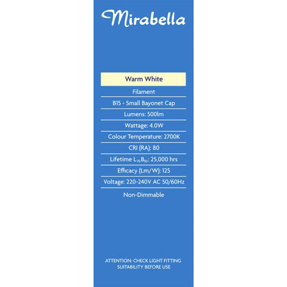 Mirabella Led Candle Filament Sbc 4.0w 500lm Warm White Each