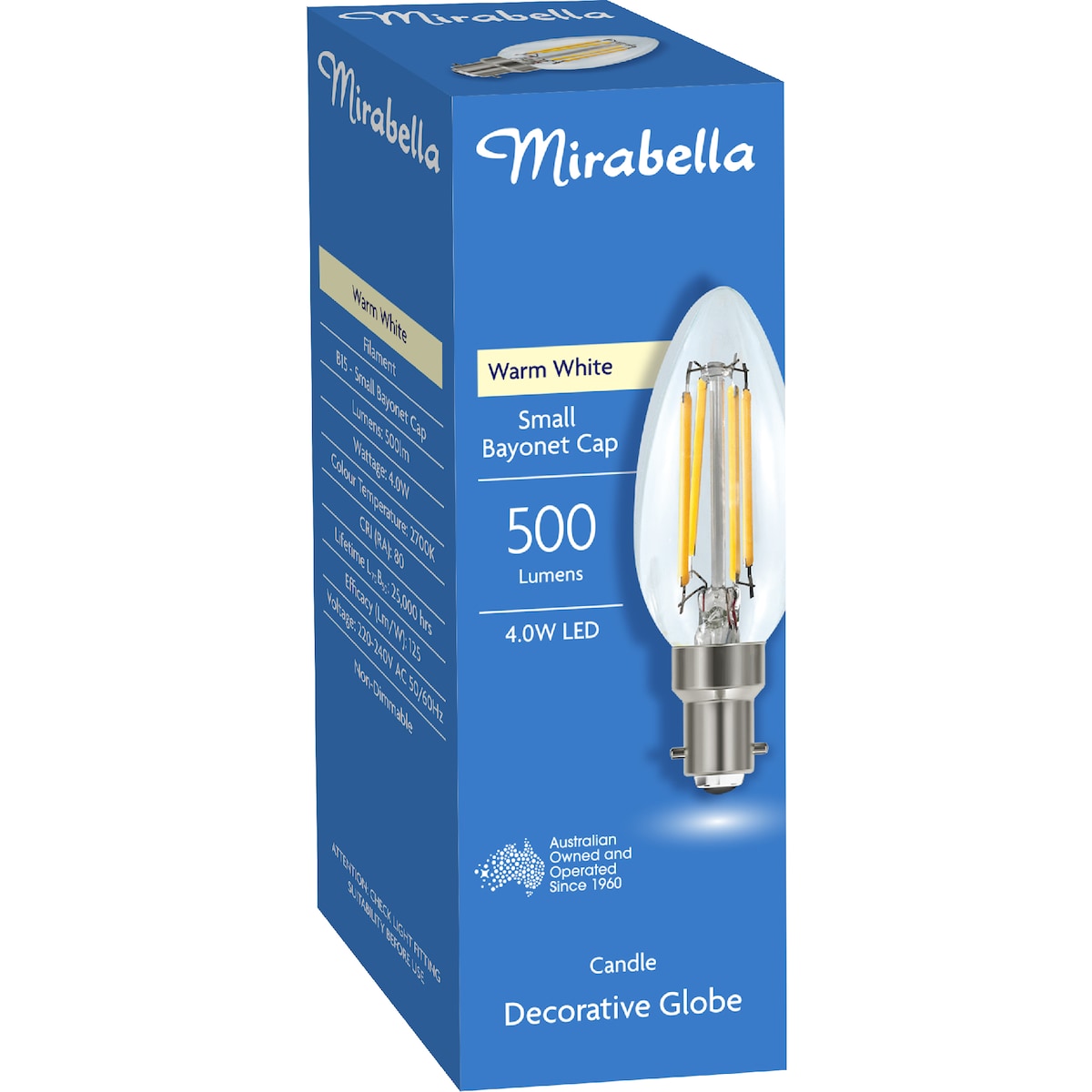 Mirabella Led Candle Filament Sbc 4.0w 500lm Warm White Each