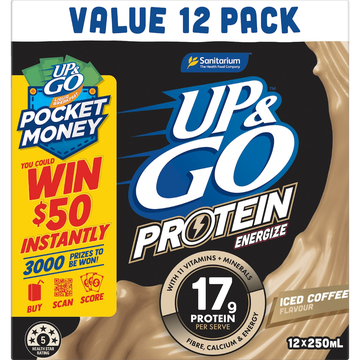 Up&go Protein Energize Iced Coffee Flavour Breakfast Drink 250ml X 12 Pack