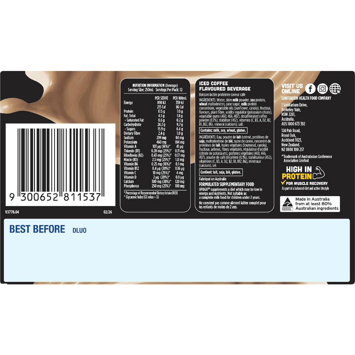 Up&go Protein Energize Iced Coffee Flavour Breakfast Drink 250ml X 12 Pack