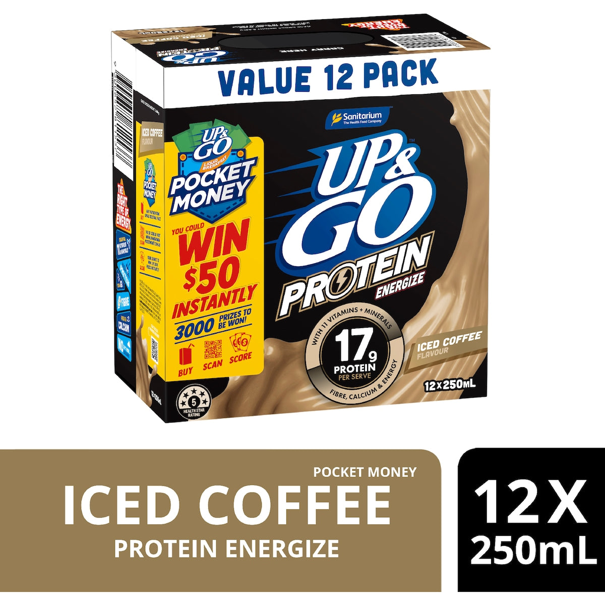 Up&go Protein Energize Iced Coffee Flavour Breakfast Drink 250ml X 12 Pack