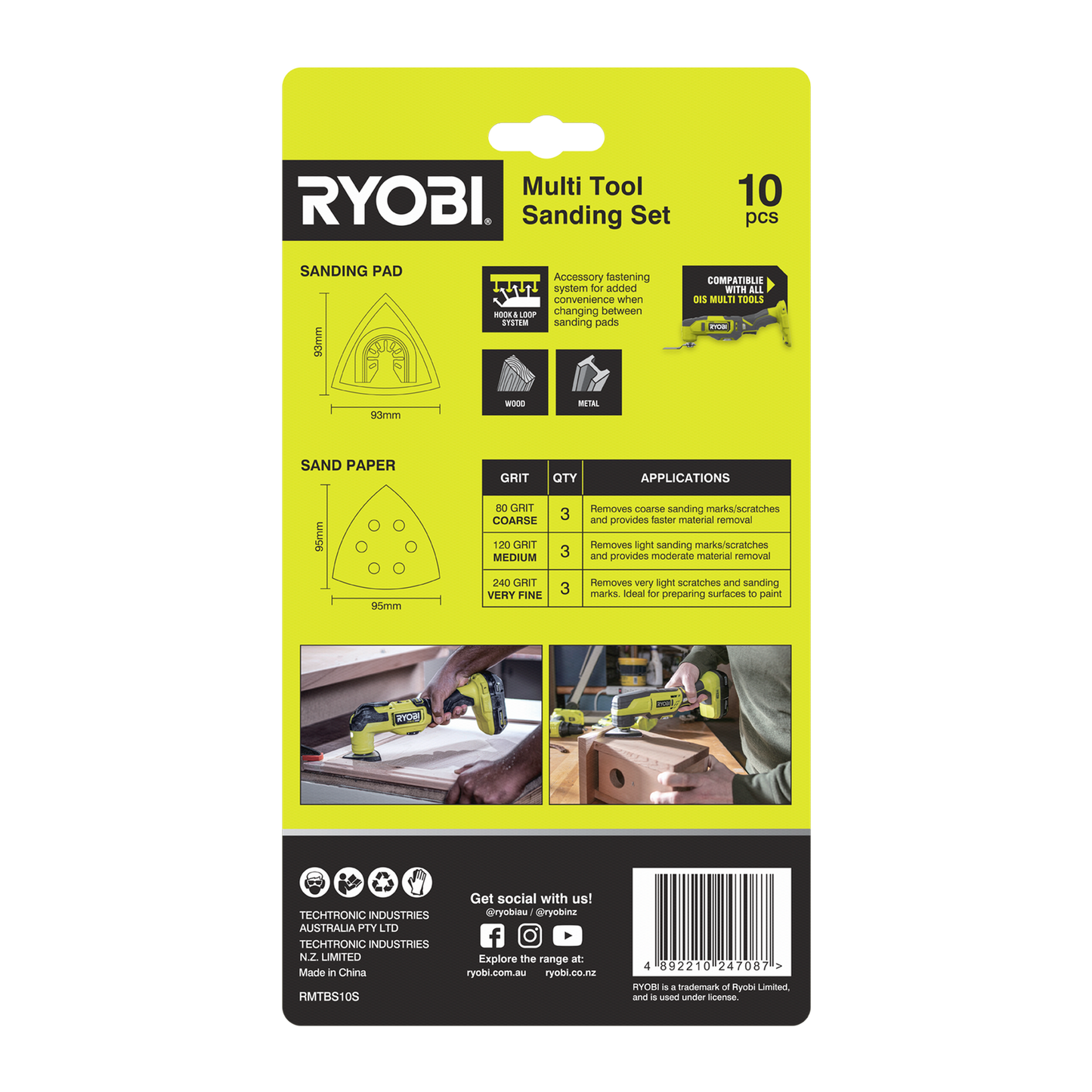 Ryobi Multi Tool Sanding Set - 93mm - 80/120/240 Grit - 10 Piece