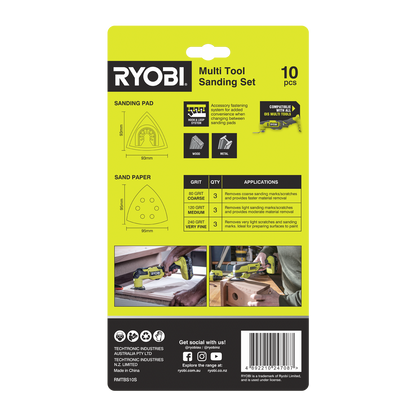 Ryobi Multi Tool Sanding Set - 93mm - 80/120/240 Grit - 10 Piece