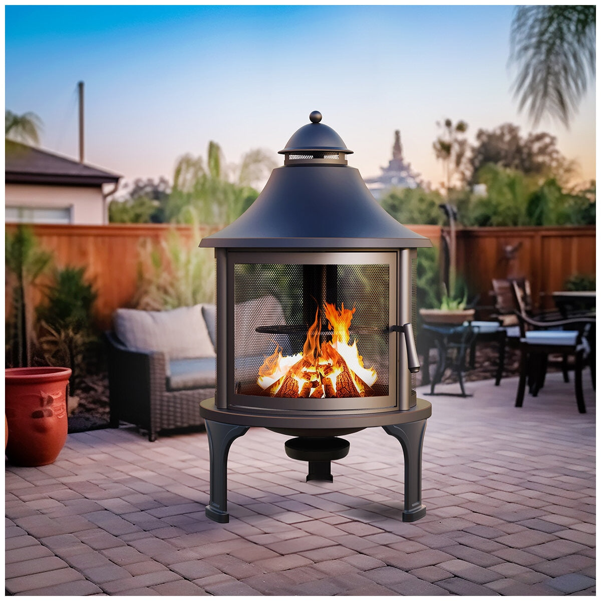 Hello Outdoors Cooking Fire Pit FP1129S Black Steel Wood Burning 360° View