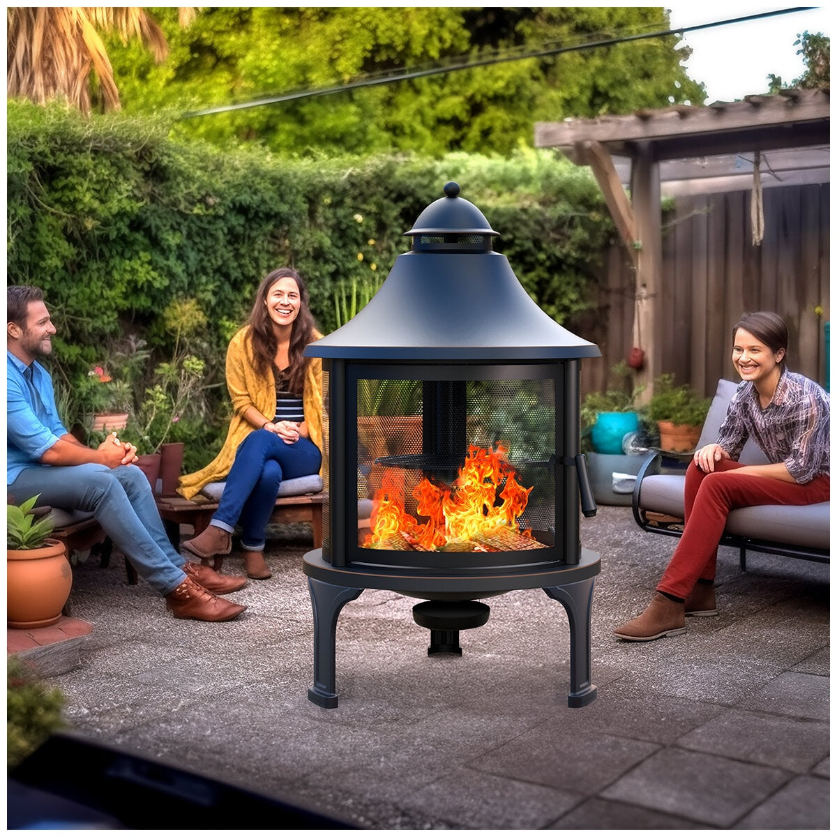 Hello Outdoors Cooking Fire Pit FP1129S Black Steel Wood Burning 360° View