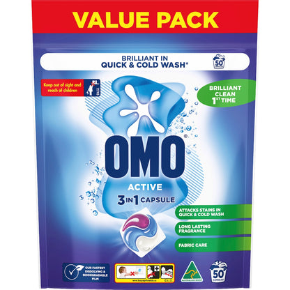 Omo Active Clean Laundry Liquid Capsules Detergent 50 Pack