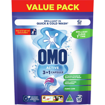 Omo Active Clean Laundry Liquid Capsules Detergent 50 Pack