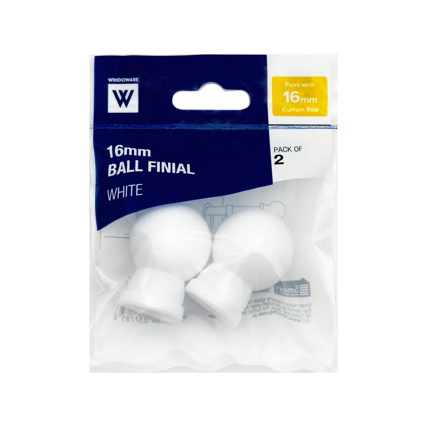 Windoware Curtain Rod Ball Finial - 16mm - White - 2 Pack