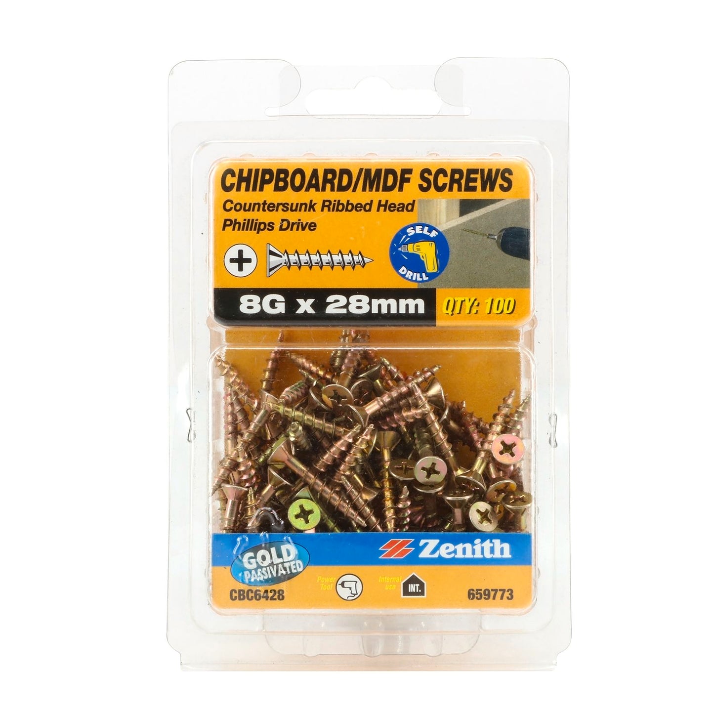 Zenith Chipboard Screws - 8g x 28mm - Gold - 100 Pack