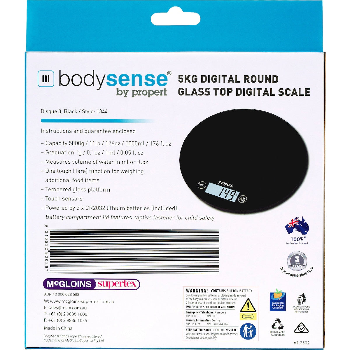 Propert 5kg Round Glass Top Digital Scale Assorted Each