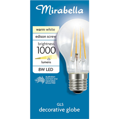 Mirabella LED GLS Filament Edison Screw 8W 1000lm Warm White Globe each