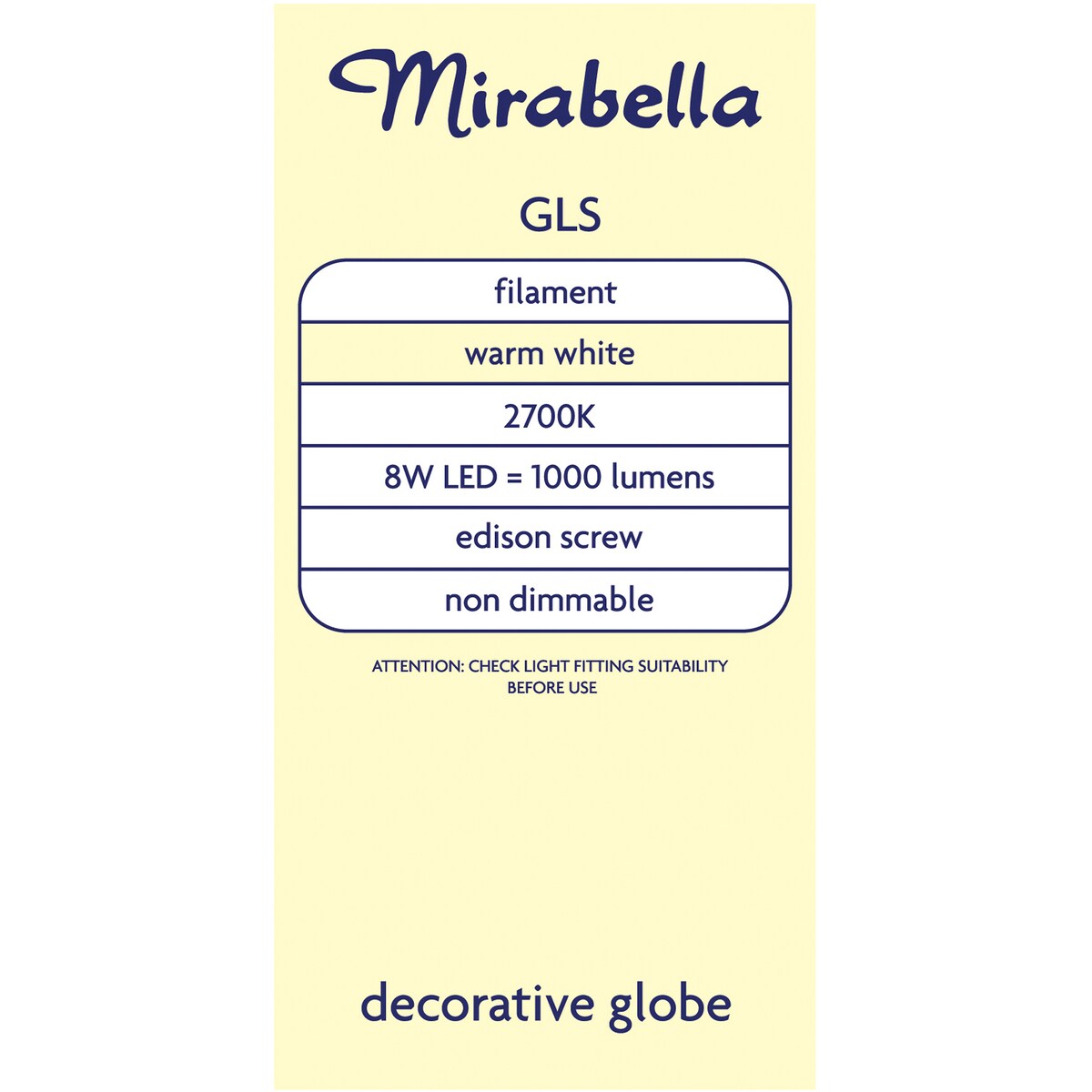 Mirabella LED GLS Filament Edison Screw 8W 1000lm Warm White Globe each