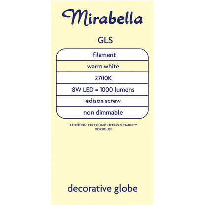 Mirabella LED GLS Filament Edison Screw 8W 1000lm Warm White Globe each