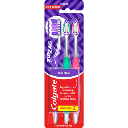 Colgate Toothbrush Zig Zag Medium Daily Clean Value 3 Pack