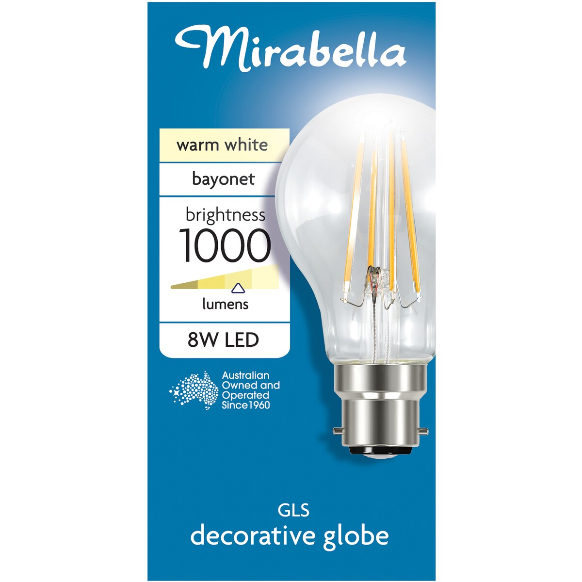 Mirabella LED GLS Filament Bayonet Cap 8W 1000lm Warm White Globe each