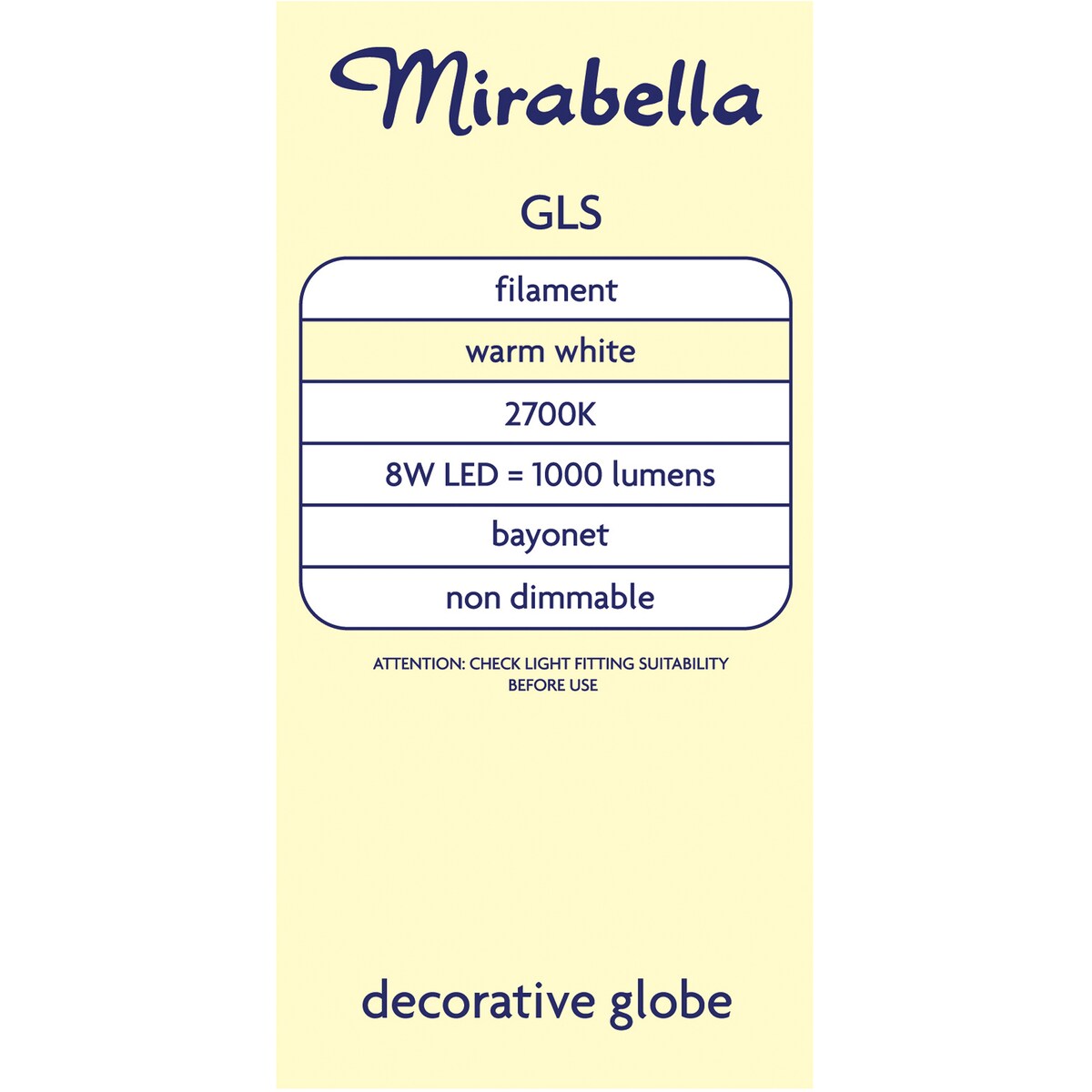 Mirabella LED GLS Filament Bayonet Cap 8W 1000lm Warm White Globe each