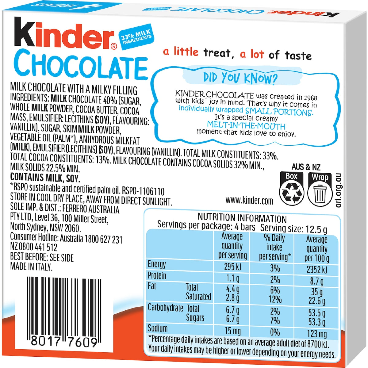 Kinder Chocolate Little Ones 50g X 4 Pack