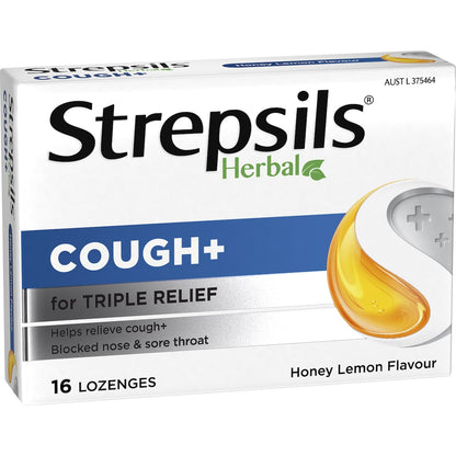 Strepsils Herbal Cough Blocked Nose Sore Throat Lozenges Honey Lemon 16 Pack