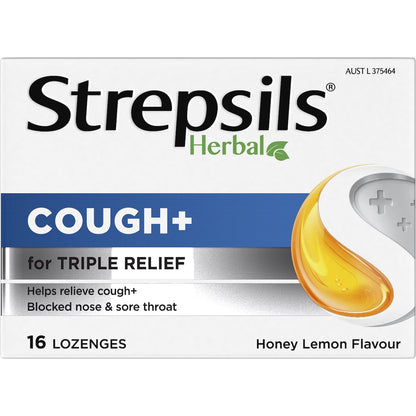 Strepsils Herbal Cough Blocked Nose Sore Throat Lozenges Honey Lemon 16 Pack