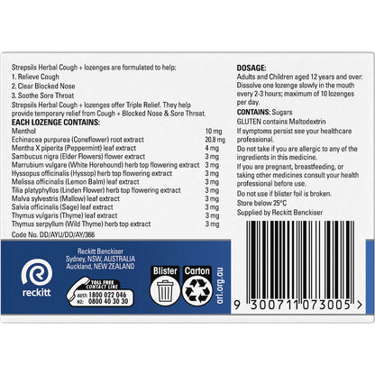 Strepsils Herbal Cough Blocked Nose Sore Throat Lozenges Honey Lemon 16 Pack