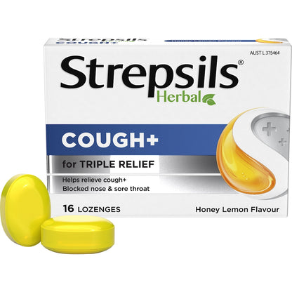 Strepsils Herbal Cough Blocked Nose Sore Throat Lozenges Honey Lemon 16 Pack