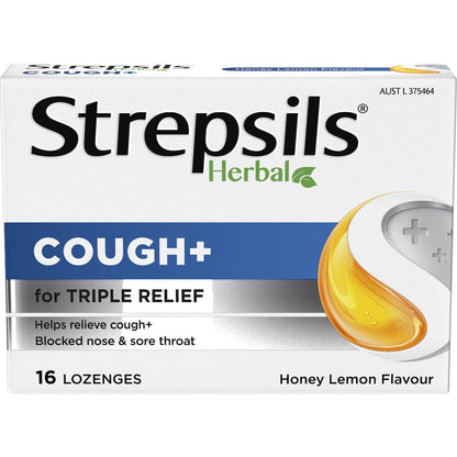 Strepsils Herbal Cough Blocked Nose Sore Throat Lozenges Honey Lemon 16 Pack