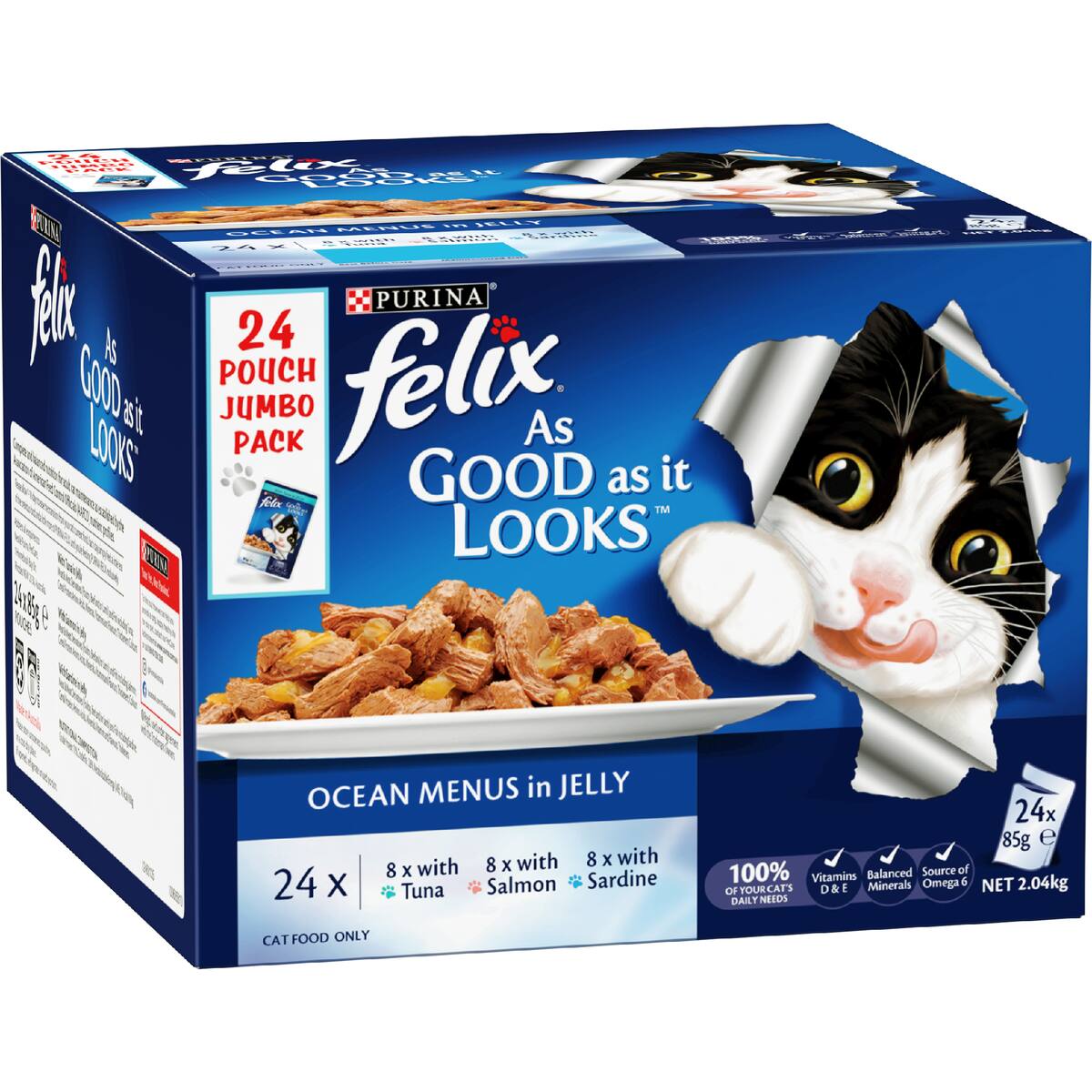 Felix Ocean Menus In Jelly Cat Food Tuna Salmon & Sardine 85g X 24 Pack