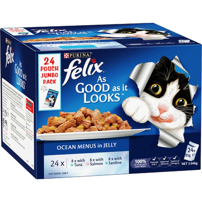 Felix Ocean Menus In Jelly Cat Food Tuna Salmon & Sardine 85g X 24 Pack